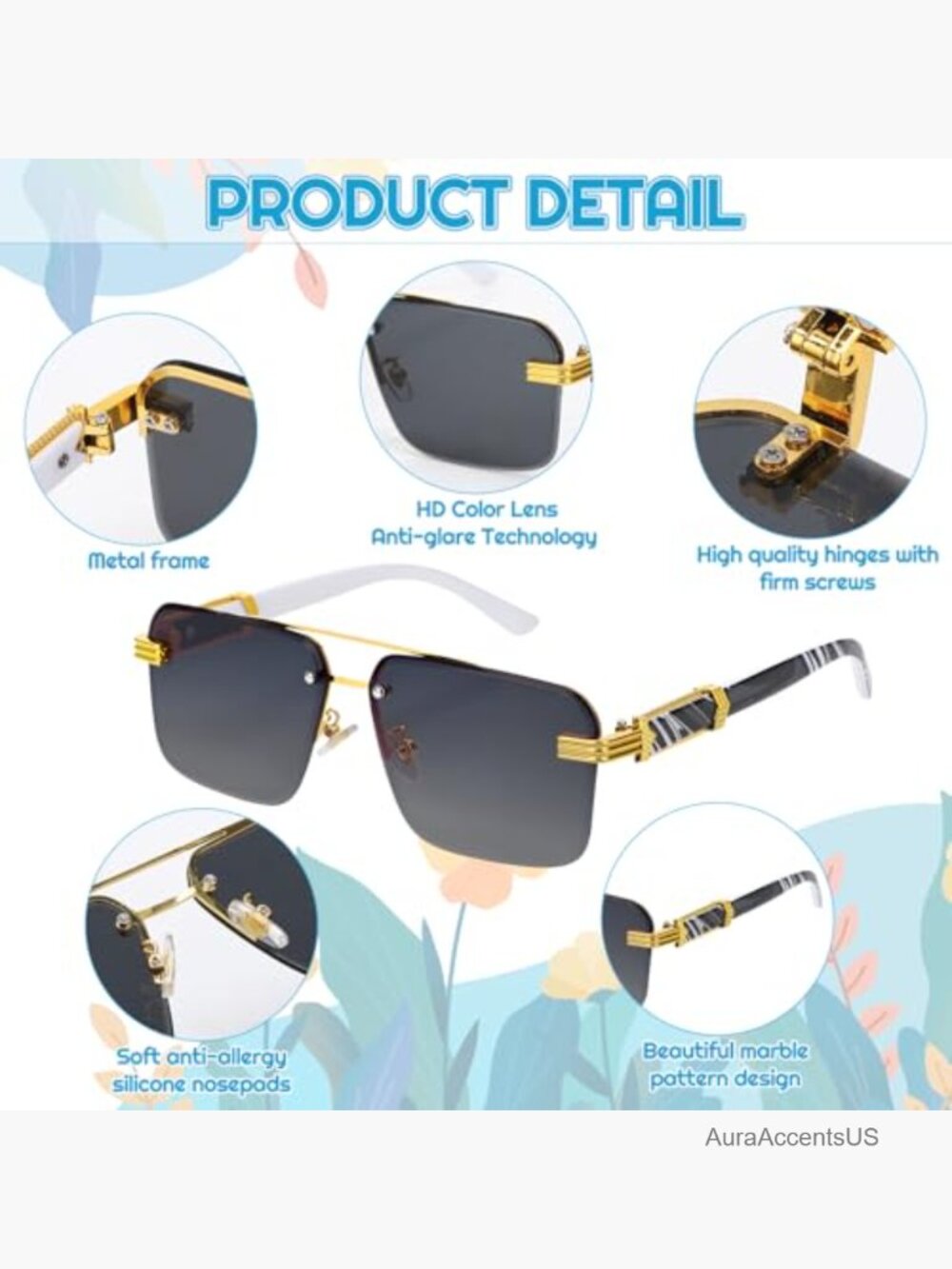 5 Pairs Rimless Rectangle Sunglasses UV400 Protection Metal Frame - Picture 3 of 7